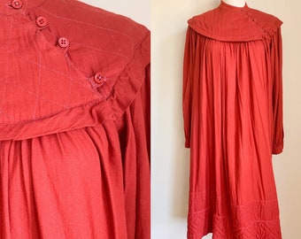 Vintage 1970s Panache Red Indian Cotton Trapeze Dress / L