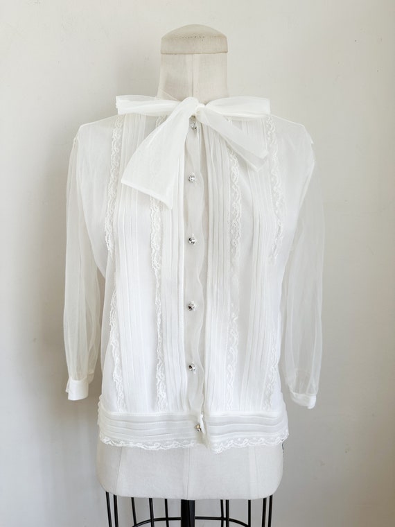 Vintage 1950s White Sheer Nylon Blouse / M - image 2