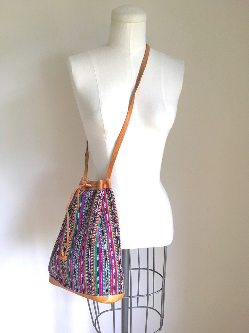 GUATEMALAN leather drawstring purse vintage tapestry bag