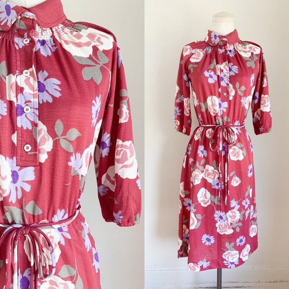 Vintage 1970s Mauve Pink Floral Dress / M - image 1