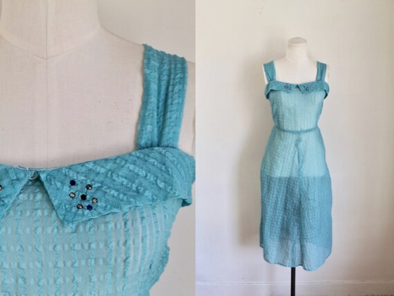 Vintage 1940s Sheer Teal Sundress with Rhinestones