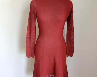 Vintage 1970s Ilka Suarez Rust Pointelle Sweater Dress / XS