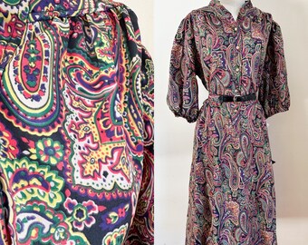 Vintage 1980s Rainbow Paisley Shirtwaist Dress / L (deadstock)