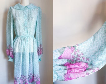 Vintage 1970s Mint & Pink Sheer Floral Dress / XS