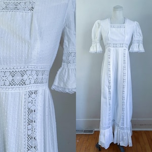 Vintage 1960s White Boho Maxi Dress / XS