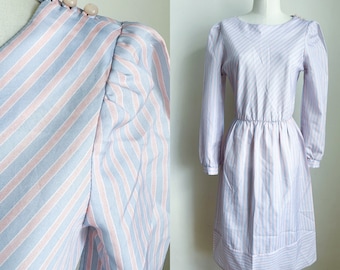 Vintage 1980s Blue & Pink Candy Striped Dress / M