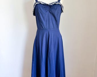 Vintage 1950s Navy Sundress with lace trim / XS