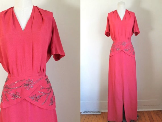vintage 1940s coral beaded rayon maxi dress / M