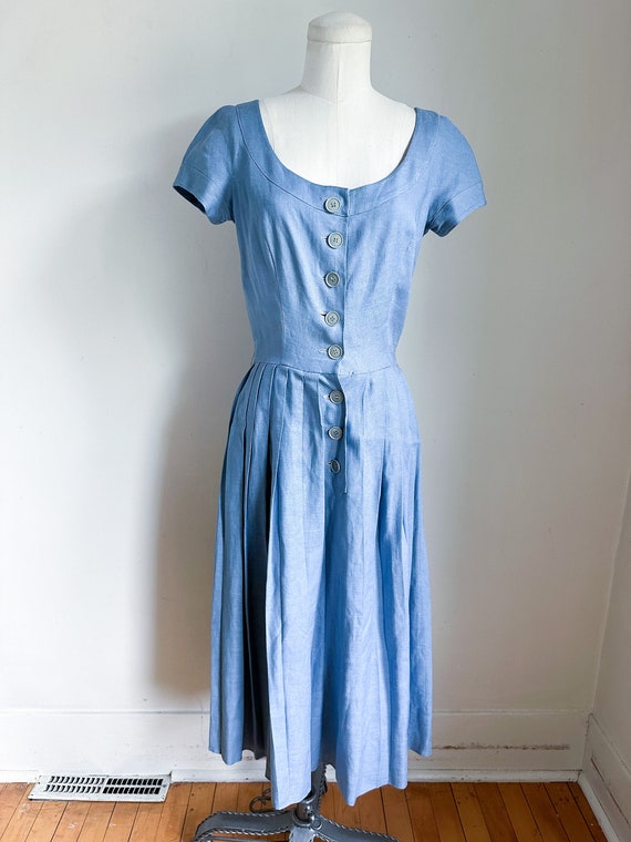 Vintage 1940s Dusty Blue Linen Dress / XS - image 2