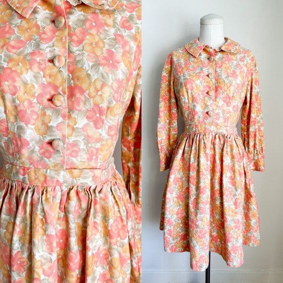 Vintage 1960s Orange Floral Long Sleeve Dress / XS - image 1