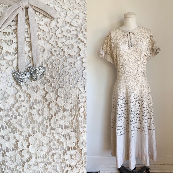 Vintage 1940 50s Ecru Lace Party Dress S Etsy UK