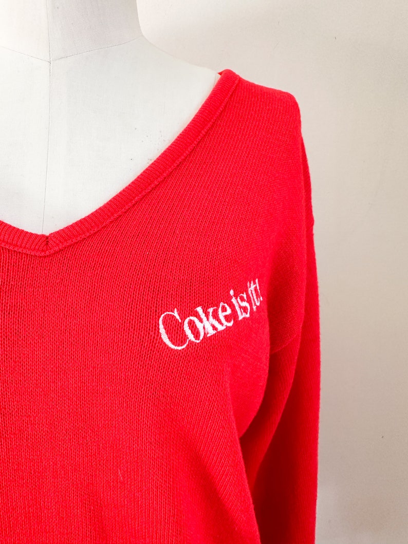 Vintage 1980s Coke is it Coca Cola Red V-neck Sweater / M image 4
