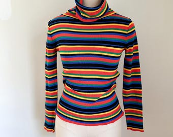 Vintage 1970s Rainbow Striped Turtleneck Sweater / XS