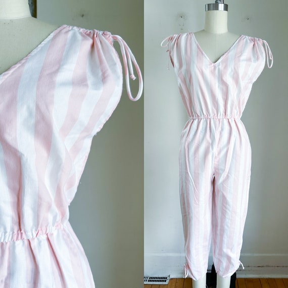 Vintage 1980s Pink & White Striped Jumpsuit / S - image 1