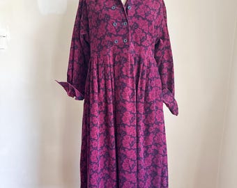 Vintage 1980s Maroon Purple Floral Corduroy Shirtwaist Dress / M