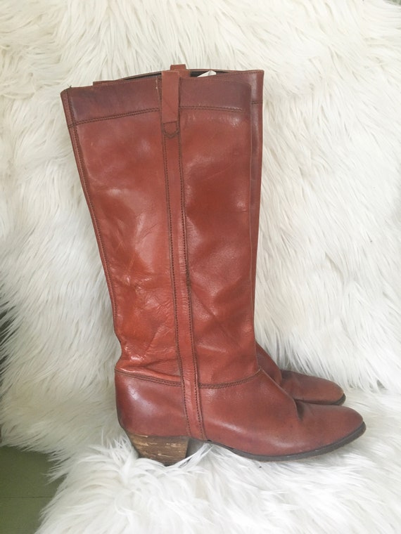 Vintage 1970s Chocolate Brown Leather Knee High Bo