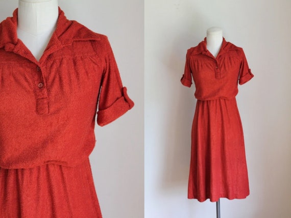 Vintage 1970s Rust Terry Cloth Dress / XXS