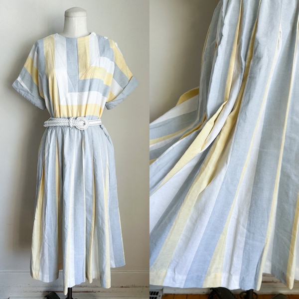 Vintage 1980s Yellow, Gray & White Chevron Sundress / M