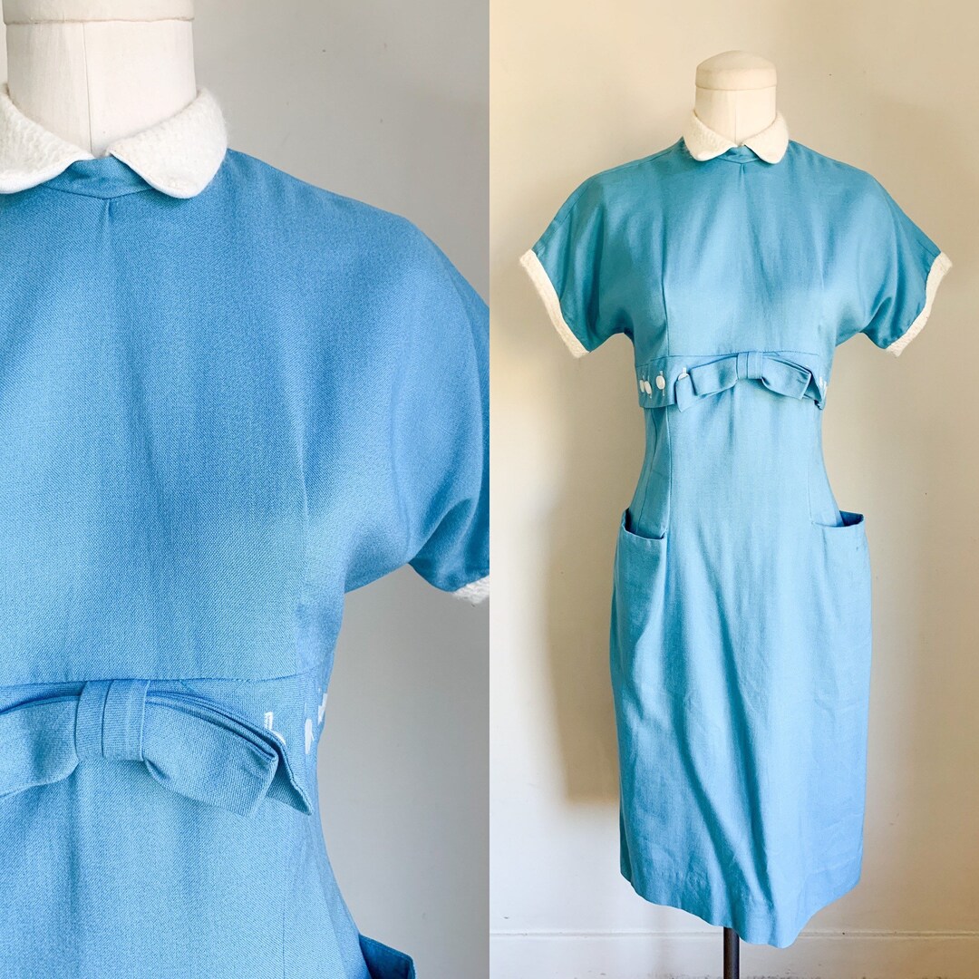 Vintage 1940s-50s Blue Wiggle Dress With Knit Collar / XS - Etsy