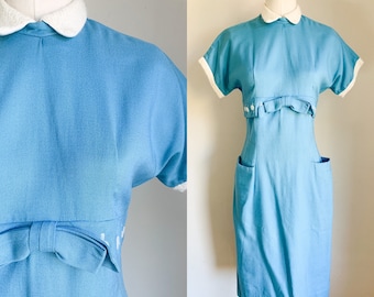 Vintage 1940s-50s Blue Wiggle Dress with knit collar / XS