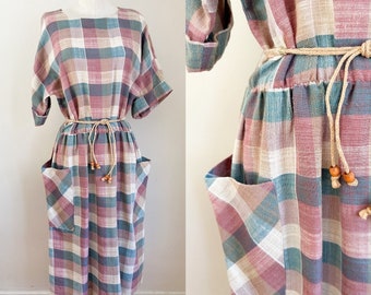 Vintage 1970s Rose Pink Madras Plaid Dress / M