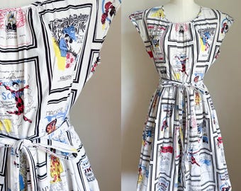 Vintage 1950s Swirl Opera Novelty Print Wrap Dress / M