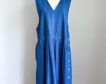 Vintage 1980s Polka Dot Denim Pinafore Dress / M