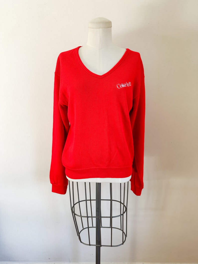 Vintage 1980s Coke is it Coca Cola Red V-neck Sweater / M image 2