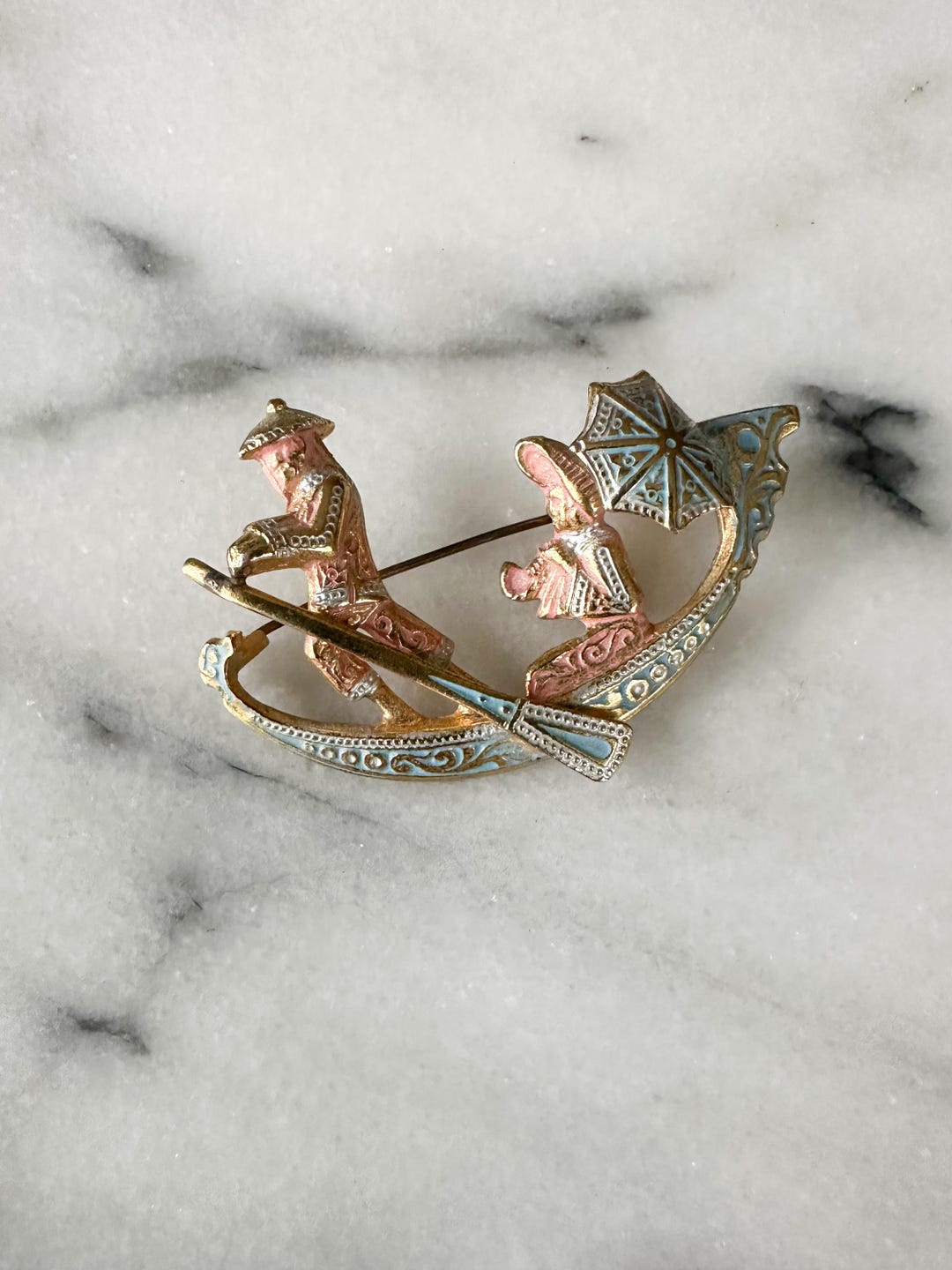 Broche Vintage Gondole Venise - Plastique Argenté 4,2cm - Neuf Sans Emballage