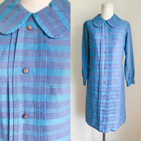 Vintage 1960s Blue Striped Day Dress / S - image 1