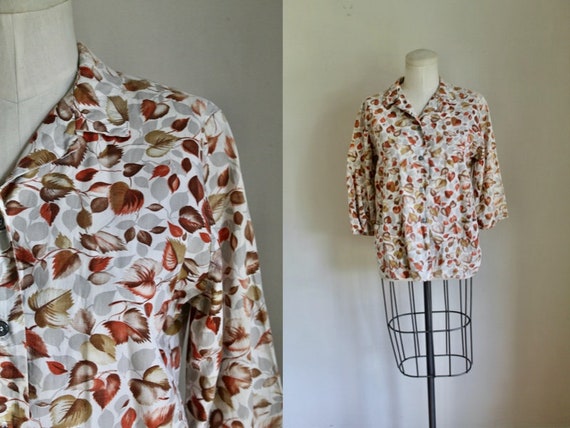 Vintage 1950s-60s Autumn Leaves Novelty Print Blou