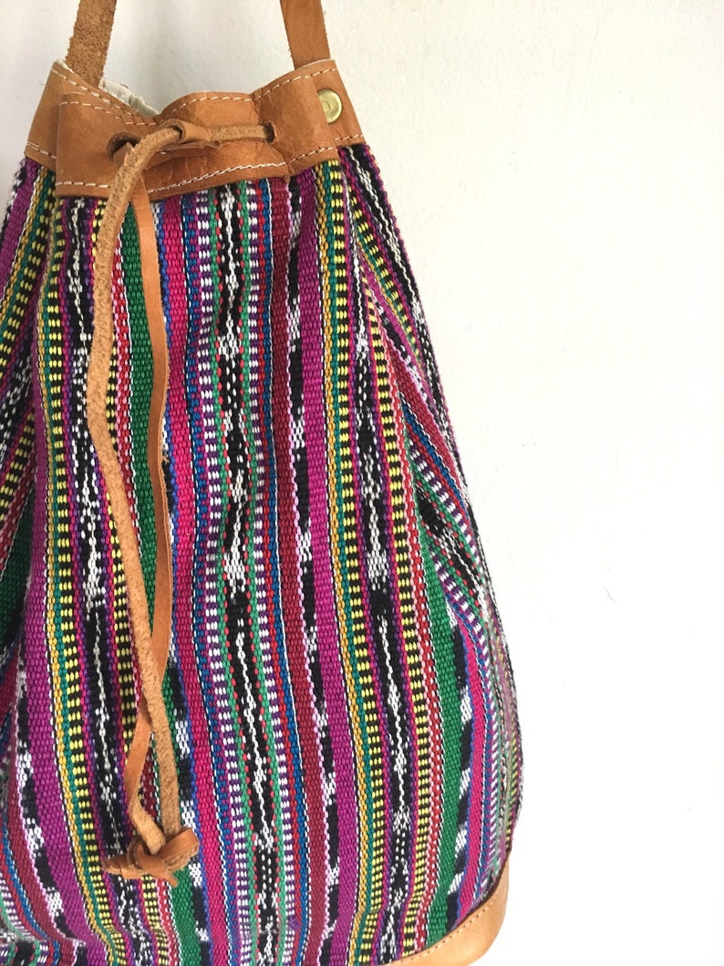GUATEMALAN leather drawstring purse vintage tapestry bag