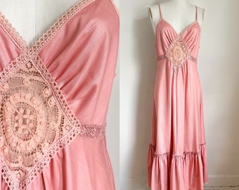 Vintage 1970s Young Edwardian Rose Pink Maxi Dress / M