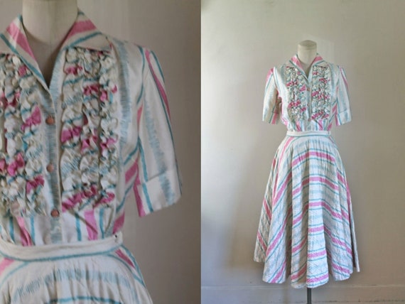 Vintage 1950s quilted circle skirt 2pc dress set /