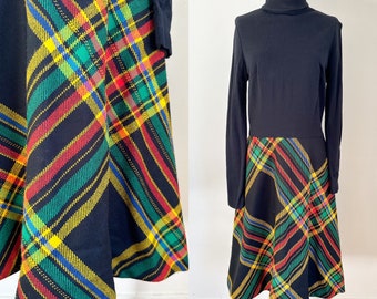 Vintage 1960s Rainbow Plaid Knit Dress / S-M
