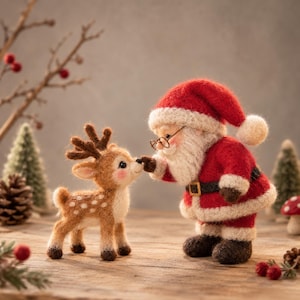 May include: A needle-felted Santa Claus figurine wearing a red suit with white trim and black boots, touching the nose of a small, brown needle-felted deer figurine with white spots and antlers, both standing on a wooden surface.