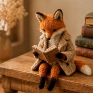May include: A needle-felted fox figurine with orange and white fur, wearing a textured tan coat. The fox is sitting upright and holding a small, open brown book in its paws. The figure has black-tipped ears, black paws, and a white-tipped tail.