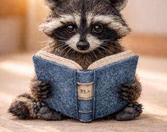 Needle Felted Raccoon Reading Book, Fox Figurine Handmade Wool Animal, Woodland Fox Decor