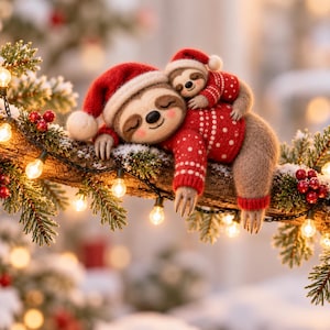 Könnte beinhalten: Zwei gefilzte Faultiere auf einem Tannenzweig. Das größere Faultier trägt eine rote Weihnachtsmütze und einen roten Pullover mit weißen Punkten. Ein kleineres Faultier sitzt auf seinem Rücken und trägt ebenfalls eine rote Mütze und einen Pullover. Der Zweig ist mit Lichterketten und roten Beeren geschmückt.