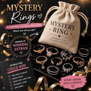 May include: A beige drawstring pouch labelled MYSTERY RING with several assorted metal rings arranged in a black box. The image includes text such as MYSTERY RINGS, A SURPRISE IN EVERY PACKAGE, CHANCE AT WINNING EXTRAS, and a list of potential bonus items.