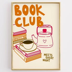 Arte mural para club de lectura, acogedora lámina literaria con té y café, póster para rincón de lectura, arte vintage para apilar libros, regalo para amantes de la lectura.