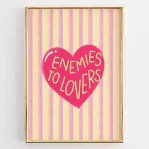 Póster "De enemigos a amantes", arte mural romántico literario, impresión de un corazón rosa, decoración para la habitación del lector, arte con tropos para amantes de la lectura