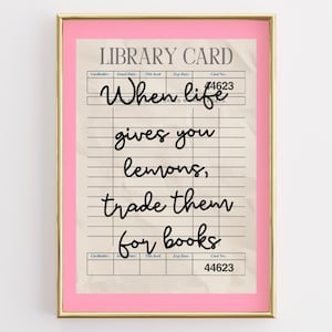 Decorazione murale con tessera della biblioteca, stampa rosa ispirata ai libri, citazione divertente di un libro, poster per angolo lettura, regalo letterario, estetica vintage da biblioteca