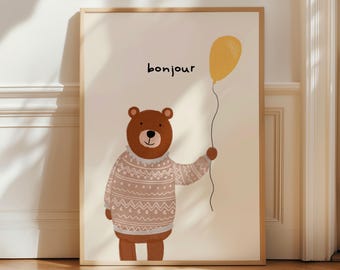 Bear Nursery Print, Checkered Animal Poster, Playful Kids Room Decor