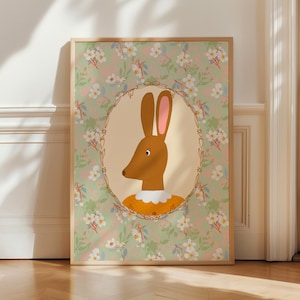 Arte de pared de conejito, decoración floral para guardería, estampado de conejo vintage, obra de arte de animales de primavera, arte de pared para guardería de niña, póster de conejito de bosque, decoración infantil