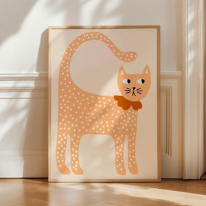 Spotted orange cat print for kids, whimsical nursery animal wall art, cute feline poster for baby room, toddler decor, playroom artwork