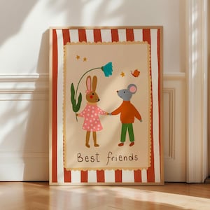 Arte de guardería de mejores amigos, impresión de pared de conejito y ratón, póster de amistad animal, decoración de habitación infantil, arte lindo para bebés, ilustración de animales pastel