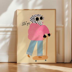 Arte de pared para habitación infantil con perro patinador, dálmata con chaqueta rosa y gafas de sol, decoración moderna para habitación infantil, póster de animales relajantes, decoración neutra para sala de juegos.