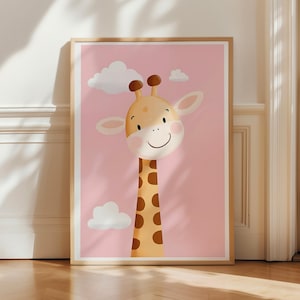 Arte de pared de jirafa para guardería, lindo estampado de animales para habitación de niña, decoración infantil rosa, póster con temática de safari, ilustración de jirafa sonriente