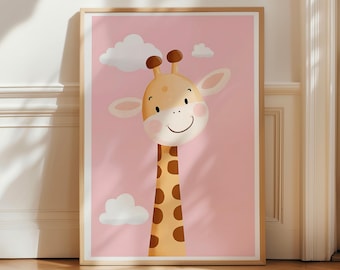 Giraffe Nursery Print, Pink Baby Girl Room Decor, Safari Animal Art